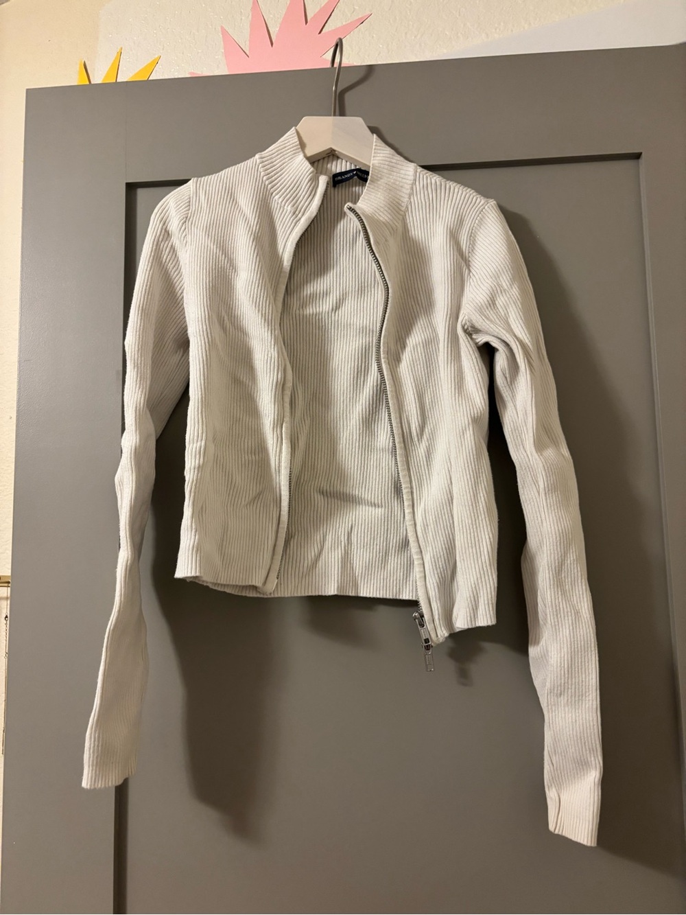 Brandy Melville Cream Ribbed Zip-Up Jacket